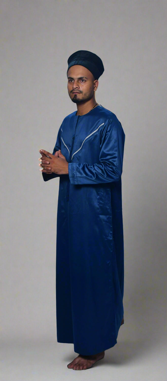 Person in blue outfit with orange crutches on a white background