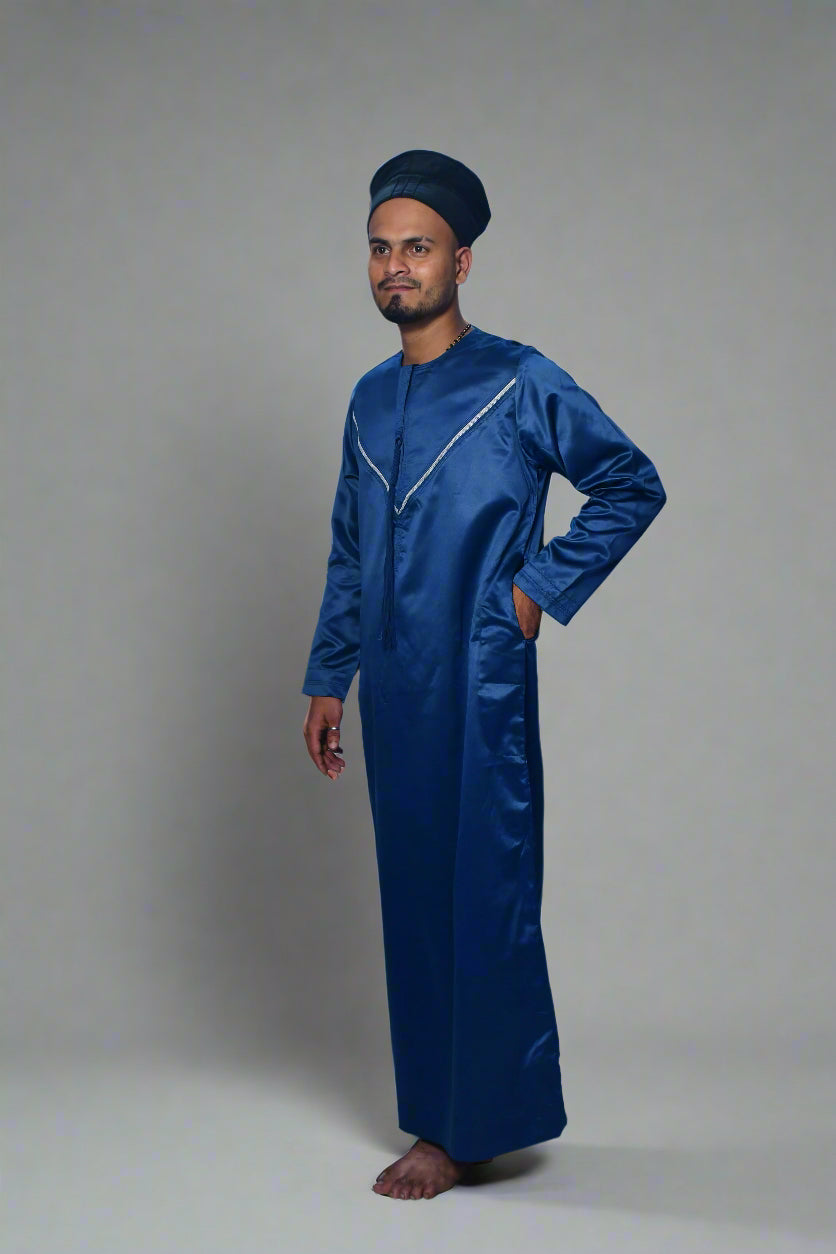 Person wearing a blue outfit on a white background